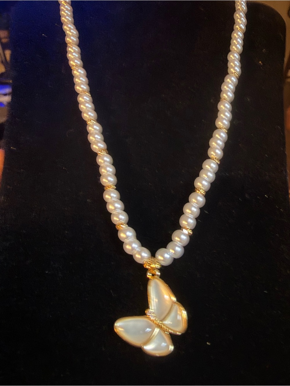 White Pearl Necklace with Gold Butterfly Pendant